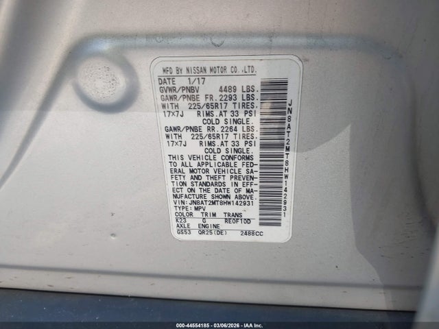 44554185 :رقم المزاد ، JN8AT2MT8HW142931 vin ، 2017 Nissan Rogue S مزاد بيع