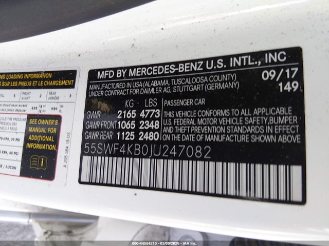 Продажа на аукционе авто 2018 Mercedes-benz C 300 4matic, vin: 55SWF4KB0JU247082, номер лота: 44554210
