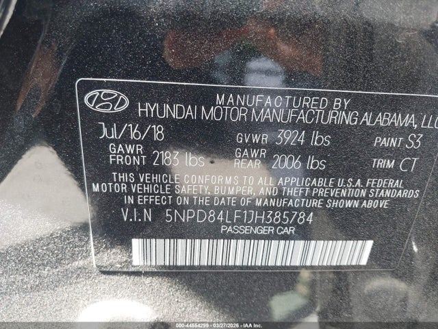 5NPD84LF1JH385784 Hyundai ELANTRA SEL