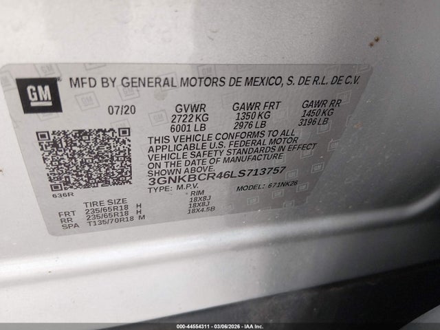 Auction sale of the 2020 Chevrolet Blazer Fwd 2lt, vin: 3GNKBCR46LS713757, lot number: 44554311