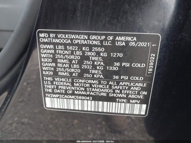 Продаж на аукціоні авто 2021 Volkswagen Atlas 2.0t Se W/technology, vin: 1V2WP2CA0MC589043, номер лоту: 44554344