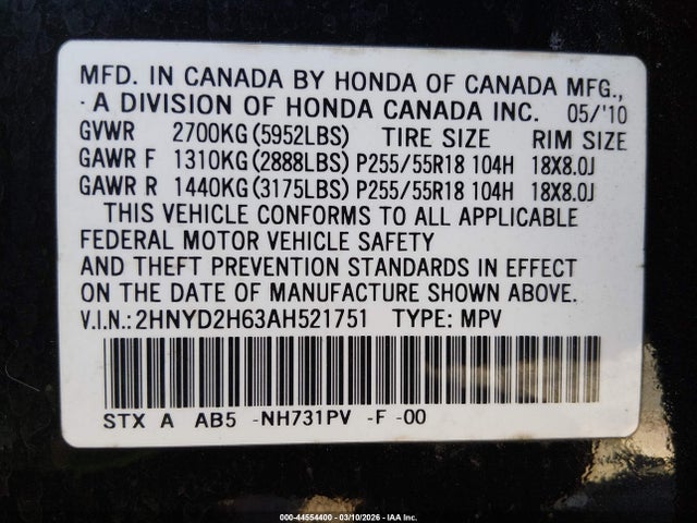 44554400 :رقم المزاد ، 2HNYD2H63AH521751 vin ، 2010 Acura Mdx Technology Package مزاد بيع