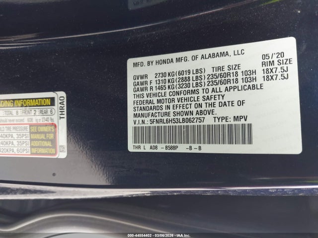 44554402 :رقم المزاد ، 5FNRL6H53LB062757 vin ، 2020 Honda Odyssey Ex مزاد بيع