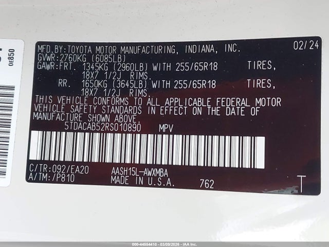 5TDACAB52RS010890 Toyota Grand Highlander Hybrid Xle