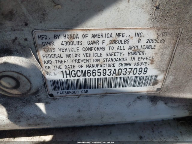 44554497 :رقم المزاد ، 1HGCM66593A037099 vin ، 2003 Honda Accord 3.0 Ex مزاد بيع