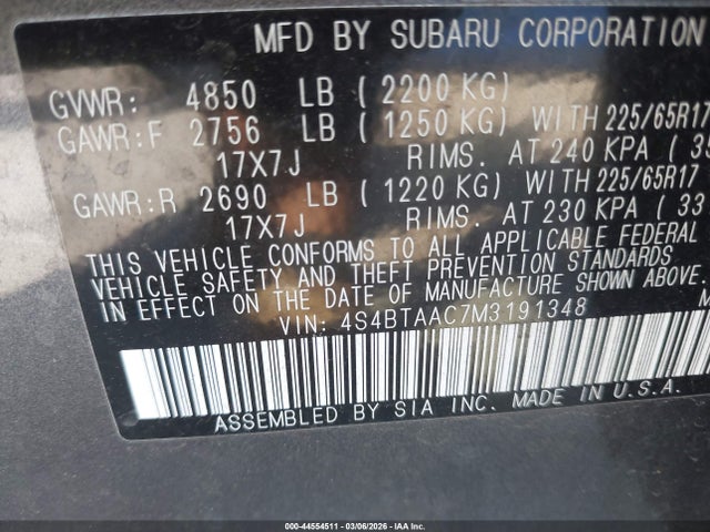 2021 Subaru Outback მანქანა იყიდება აუქციონზე, vin: 4S4BTAAC7M3191348, აუქციონის ნომერი: 44554511
