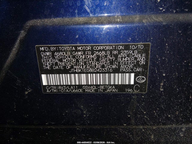44554522 :رقم المزاد ، JTHBK1EG8B2423316 vin ، 2011 Lexus Es 350 مزاد بيع