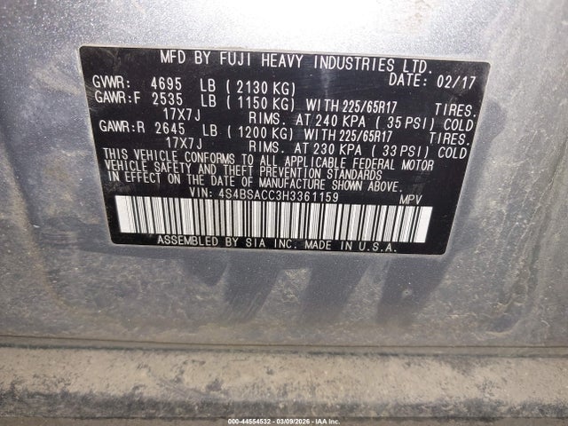 2017 Subaru Outback 2.5i Premium მანქანა იყიდება აუქციონზე, vin: 4S4BSACC3H3361159, აუქციონის ნომერი: 44554532