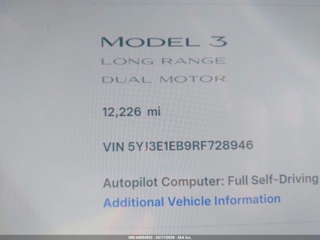 Aukcja sprzedaży 2024 Tesla Model 3 Long Range Dual Motor All-wheel Drive, vin: 5YJ3E1EB9RF728946, numer aukcji: 44554552