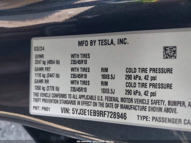 Aukcja sprzedaży 2024 Tesla Model 3 Long Range Dual Motor All-wheel Drive, vin: 5YJ3E1EB9RF728946, numer aukcji: 44554552