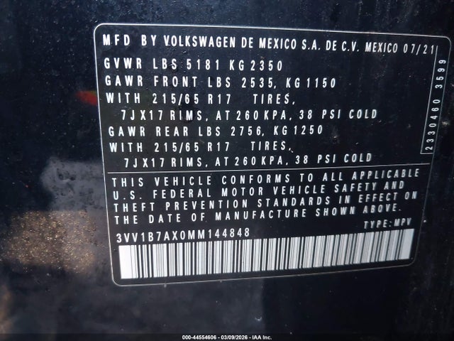 44554606 :رقم المزاد ، 3VV1B7AX0MM144848 vin ، 2021 Volkswagen Tiguan 2.0t S مزاد بيع