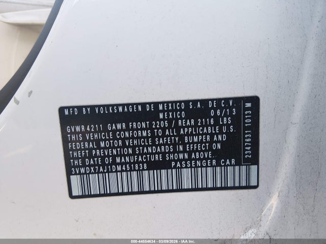 Aukcja sprzedaży 2013 Volkswagen Jetta 2.5l Se, vin: 3VWDX7AJ1DM451838, numer aukcji: 44554634