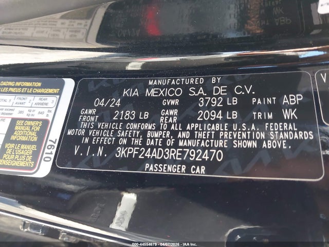 2024 Kia Forte Lxs მანქანა იყიდება აუქციონზე, vin: 3KPF24AD3RE792470, აუქციონის ნომერი: 44554679