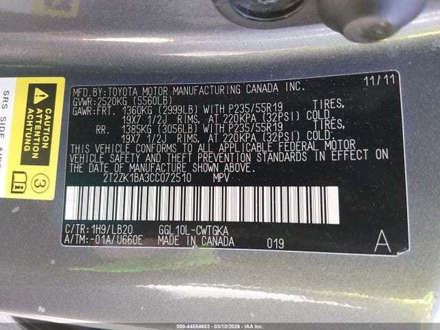 44554683 :رقم المزاد ، 2T2ZK1BA3CC072510 vin ، 2012 Lexus Rx 350 مزاد بيع