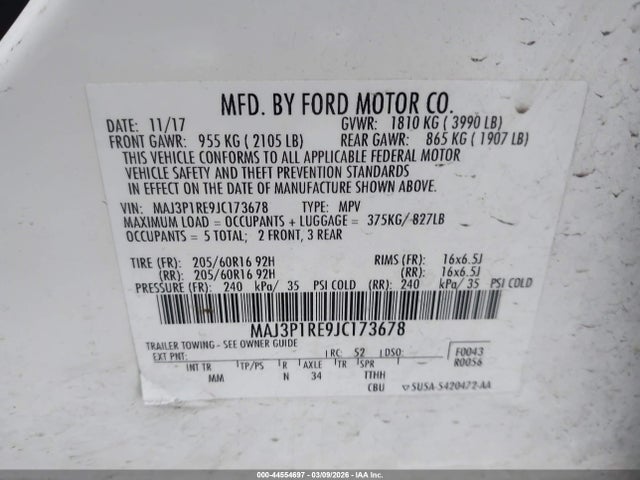 Продаж на аукціоні авто 2018 Ford Ecosport S, vin: MAJ3P1RE9JC173678, номер лоту: 44554697