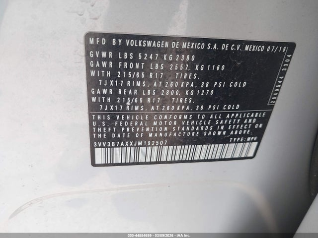 44554699 :رقم المزاد ، 3VV3B7AXXJM192507 vin ، 2018 Volkswagen Tiguan 2.0t Se/2.0t Sel مزاد بيع