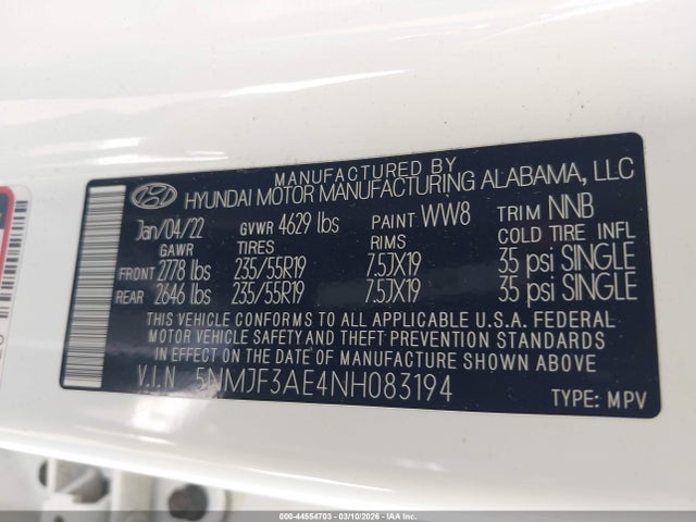 44554703 :رقم المزاد ، 5NMJF3AE4NH083194 vin ، 2022 Hyundai Tucson Sel مزاد بيع