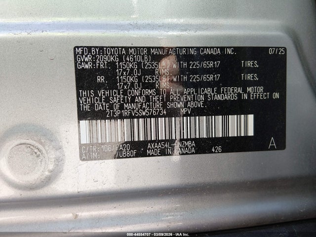 44554707 :رقم المزاد ، 2T3P1RFV5SW576734 vin ، 2025 Toyota Rav4 Xle مزاد بيع
