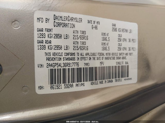 44554714 :رقم المزاد ، 2A4GP54L36R917776 vin ، 2006 Chrysler Town & Country Touring مزاد بيع