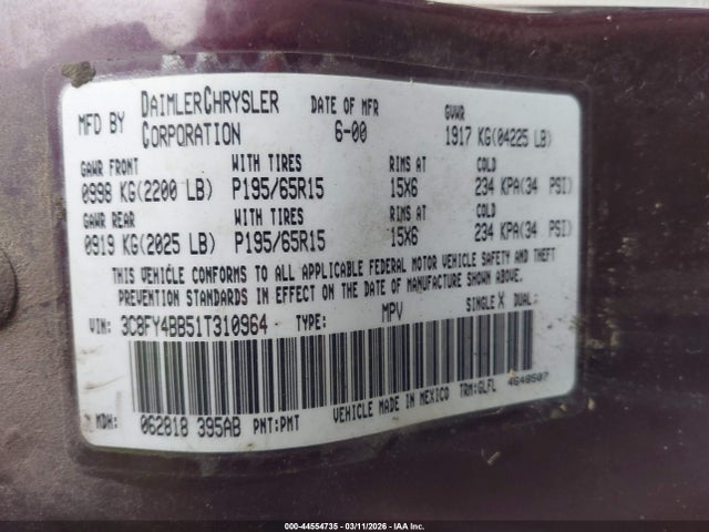 Продажа на аукционе авто 2001 Chrysler Pt Cruiser, vin: 3C8FY4BB51T310964, номер лота: 44554735