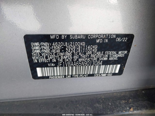 2022 Subaru Wrx მანქანა იყიდება აუქციონზე, vin: JF1VBAA65N9013084, აუქციონის ნომერი: 44554762