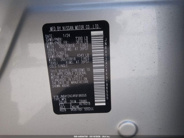 Aukcja sprzedaży 2024 Nissan Armada Sv 2wd, vin: JN8AY2AC4R9196555, numer aukcji: 44554780