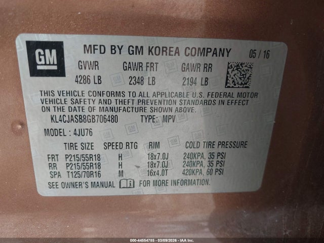 Auction sale of the 2016 Buick Encore, vin: KL4CJASB8GB706480, lot number: 44554785