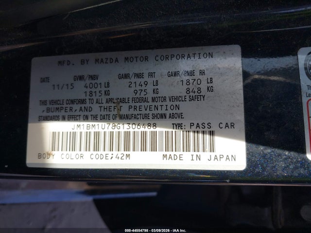 2016 Mazda Mazda3 I Sport მანქანა იყიდება აუქციონზე, vin: JM1BM1U78G1306488, აუქციონის ნომერი: 44554798