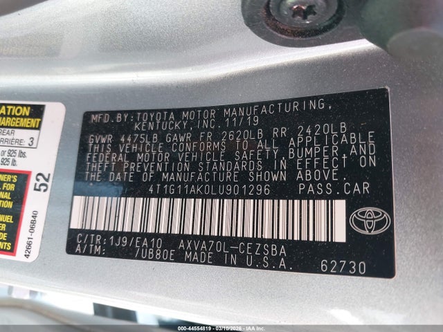 Aukcja sprzedaży 2020 Toyota Camry Se, vin: 4T1G11AK0LU901296, numer aukcji: 44554819