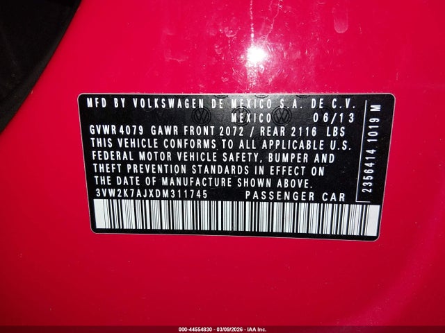 2013 Volkswagen Jetta 2.0l Base/2.0l S მანქანა იყიდება აუქციონზე, vin: 3VW2K7AJXDM311745, აუქციონის ნომერი: 44554830
