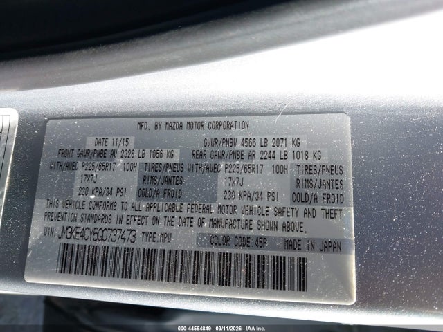 44554849 :رقم المزاد ، JM3KE4CY5G0737473 vin ، 2016 Mazda Cx-5 Touring مزاد بيع
