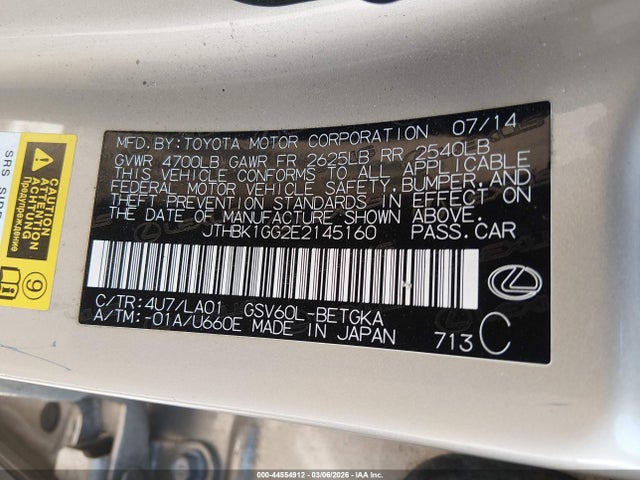 44554912 :رقم المزاد ، JTHBK1GG2E2145160 vin ، 2014 Lexus Es 350 مزاد بيع