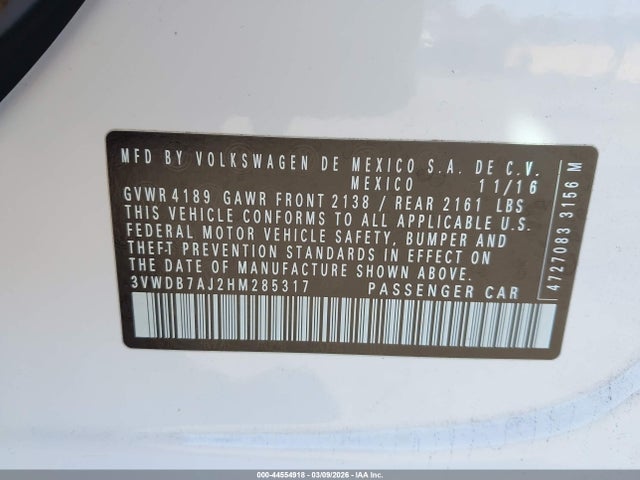 3VWDB7AJ2HM285317 Volkswagen Jetta 1.4t Se