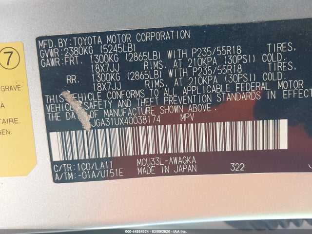 44554924 :رقم المزاد ، JTJGA31UX40038174 vin ، 2004 Lexus Rx 330 مزاد بيع