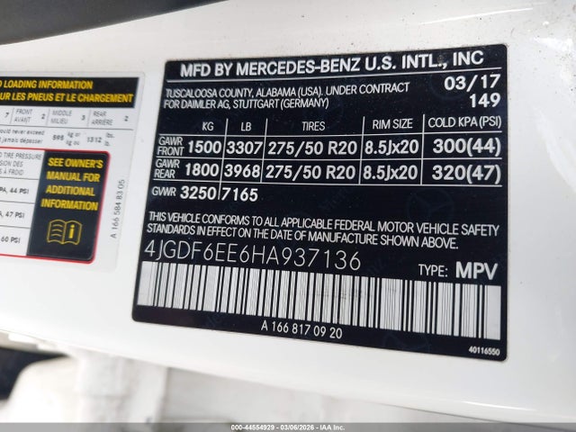 44554929 :رقم المزاد ، 4JGDF6EE6HA937136 vin ، 2017 Mercedes-benz Gls 450 4matic مزاد بيع