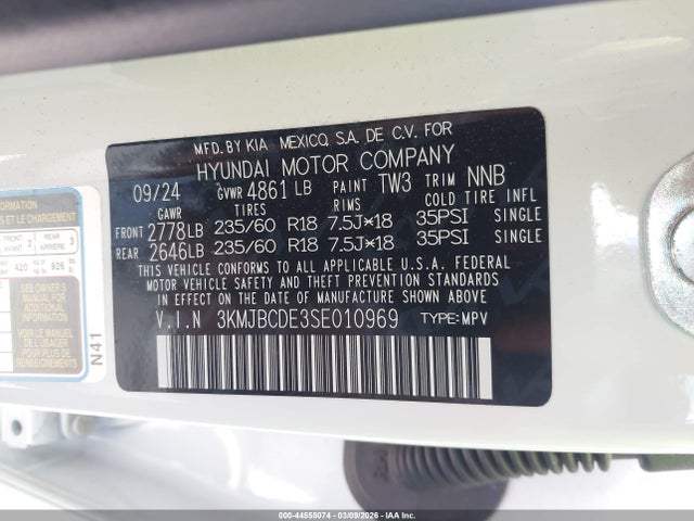 44555074 :رقم المزاد ، 3KMJBCDE3SE010969 vin ، 2025 Hyundai Tucson Sel مزاد بيع