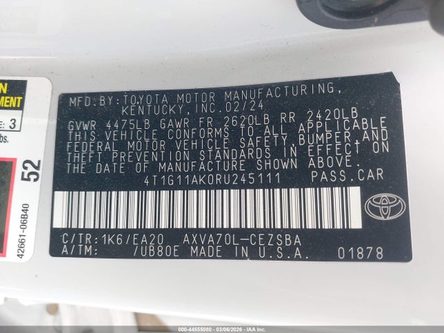 44555080 :رقم المزاد ، 4T1G11AK0RU245111 vin ، 2024 Toyota Camry Se مزاد بيع
