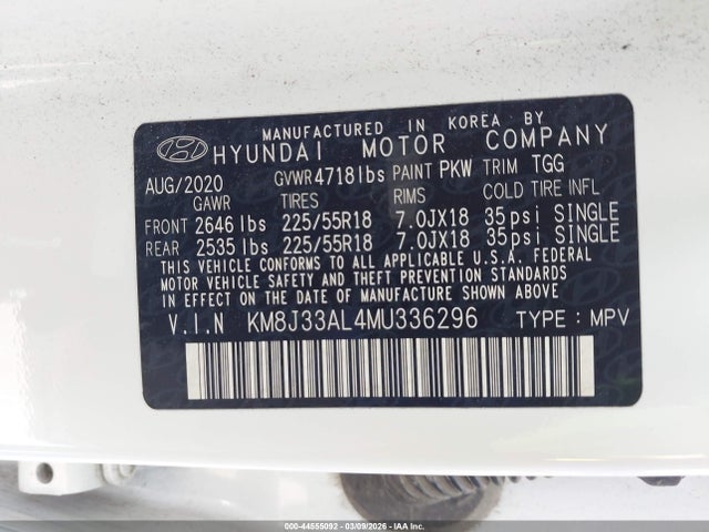 44555092 :رقم المزاد ، KM8J33AL4MU336296 vin ، 2021 Hyundai Tucson Sel مزاد بيع