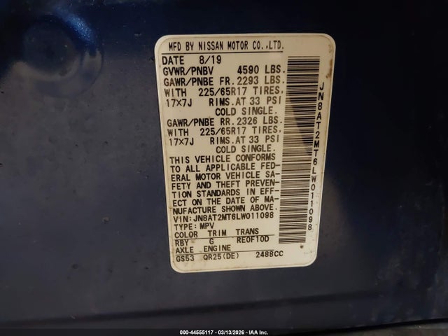 44555117 :رقم المزاد ، JN8AT2MT6LW011098 vin ، 2020 Nissan Rogue S Fwd مزاد بيع
