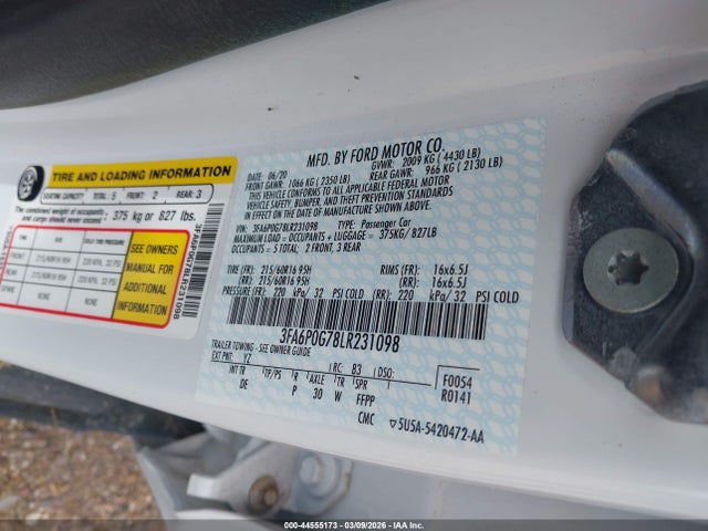 Ford FUSION S 2020 3FA6P0G78LR231098 Image 9
