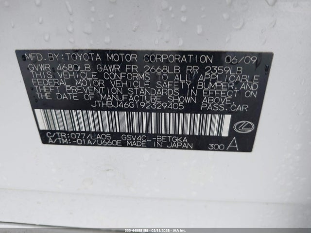 Продажа на аукционе авто 2009 Lexus Es 350, vin: JTHBJ46G192329405, номер лота: 44555185