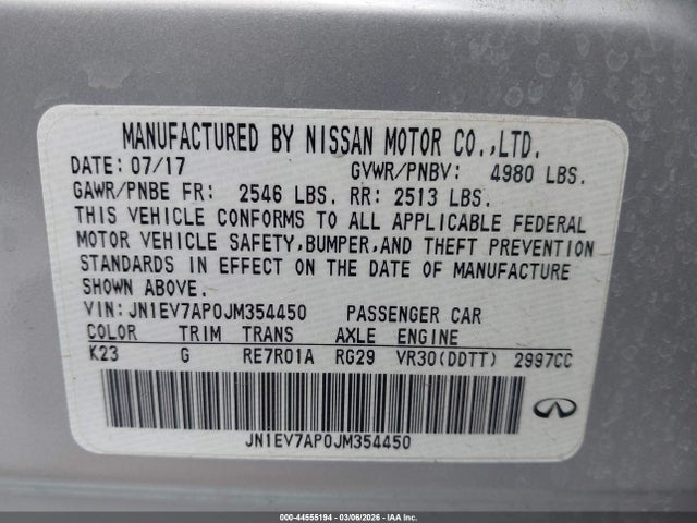 Продажа на аукционе авто 2018 Infiniti Q50 3.0t Luxe, vin: JN1EV7AP0JM354450, номер лота: 44555194