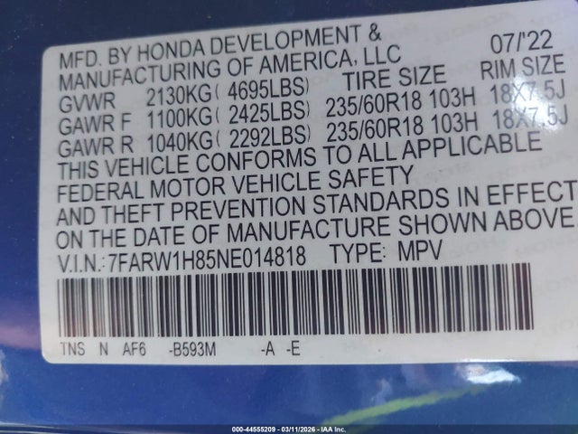 7FARW1H85NE014818 Honda Cr-v 2wd Ex-l