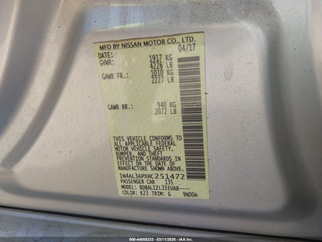 1N4AL3APXHC251472 Nissan Altima 2.5 Sv