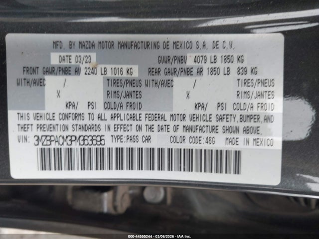 Aukcja sprzedaży 2023 Mazda Mazda3 2.5 S Preferred, vin: 3MZBPACM3PM363695, numer aukcji: 44555244