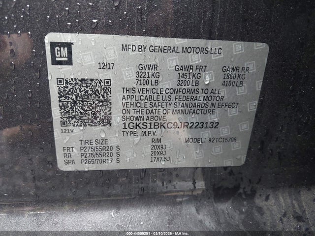44555251 :رقم المزاد ، 1GKS1BKC9JR223132 vin ، 2018 Gmc Yukon Slt مزاد بيع