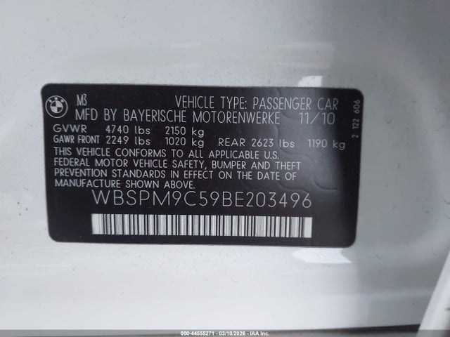 2011 Bmw M3 მანქანა იყიდება აუქციონზე, vin: WBSPM9C59BE203496, აუქციონის ნომერი: 44555271