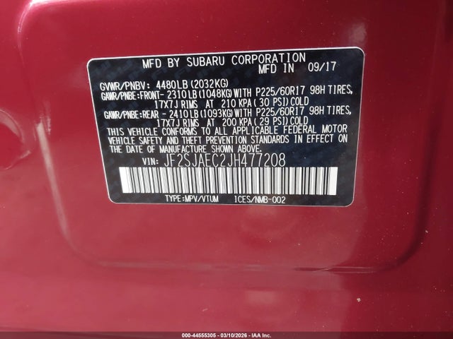 44555305 :رقم المزاد ، JF2SJAEC2JH477208 vin ، 2018 Subaru Forester 2.5i Premium مزاد بيع