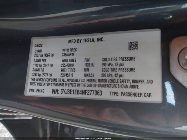 Aukcja sprzedaży 2022 Tesla Model 3 Long Range Dual Motor All-wheel Drive, vin: 5YJ3E1EB4NF277063, numer aukcji: 44555328