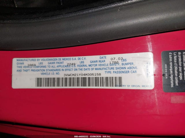 Продаж на аукціоні авто 2004 Volkswagen New Beetle Gls, vin: 3VWCM21Y04M305158, номер лоту: 44555332